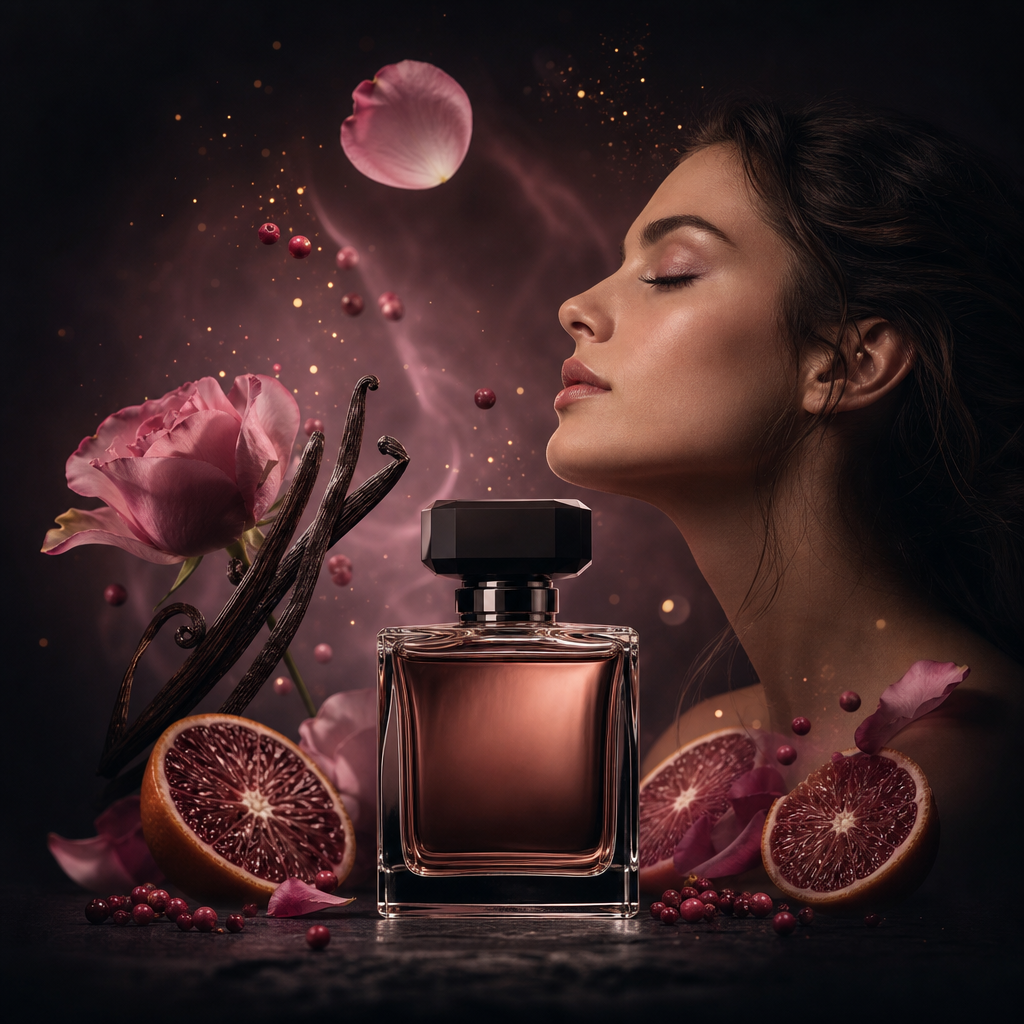 Perfumeza — luksuriøse parfumedekanter med rosenblade, citrus og vanilje i solnedgangslys
